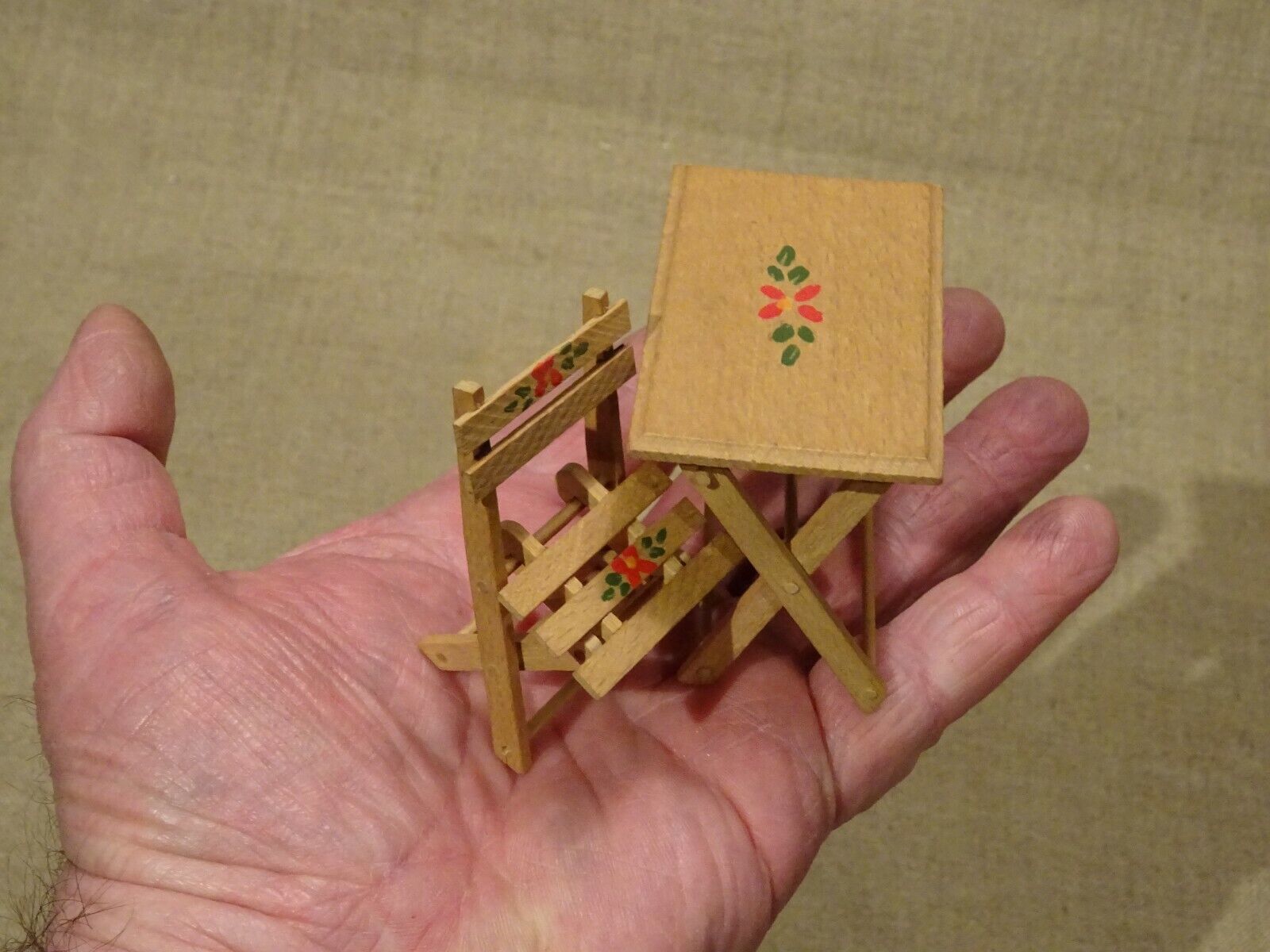 Old miniature doll table furniture and 2 folding garden furniture chairs