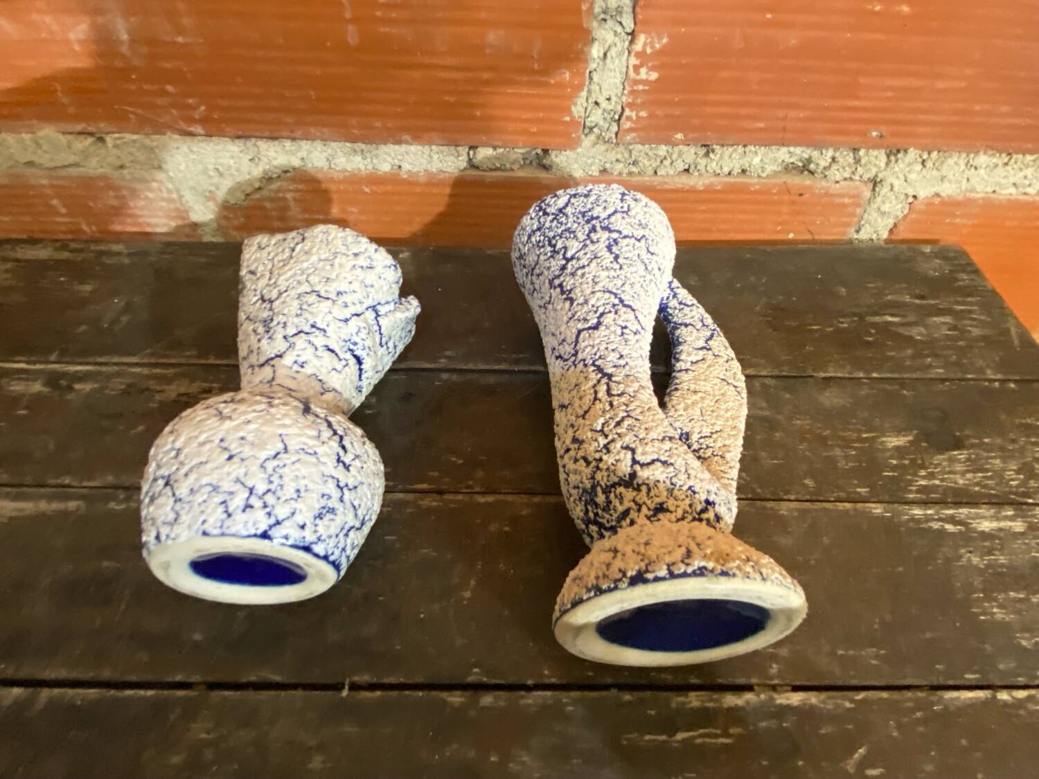 Pair of Snowstone Vases Ceramic White Blue France Vintage #D55