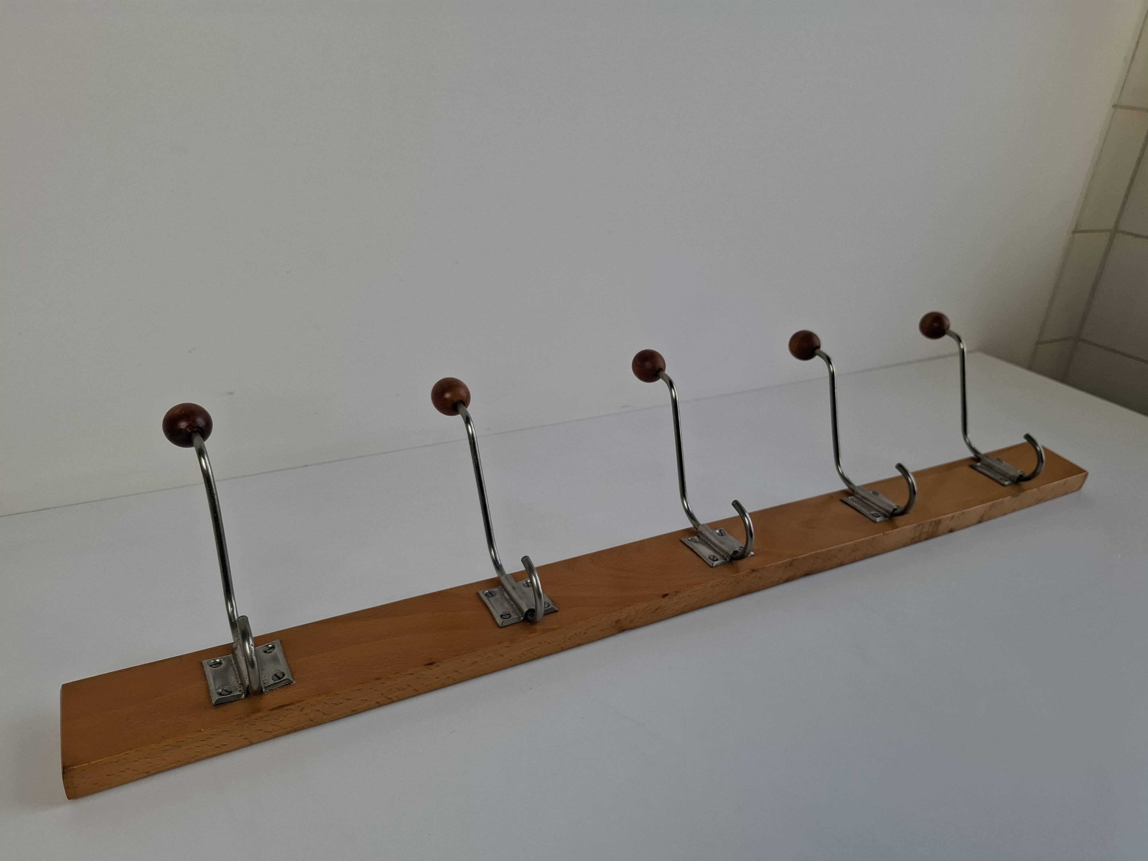 Czechoslovak Midcentury Wooden and Metal Wall Coat Rack, 1960s
