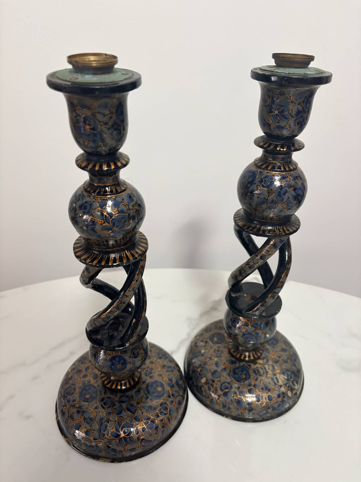 Pair of ancient Kashmiri candlesticks in midnight blue and gold – lamp bases