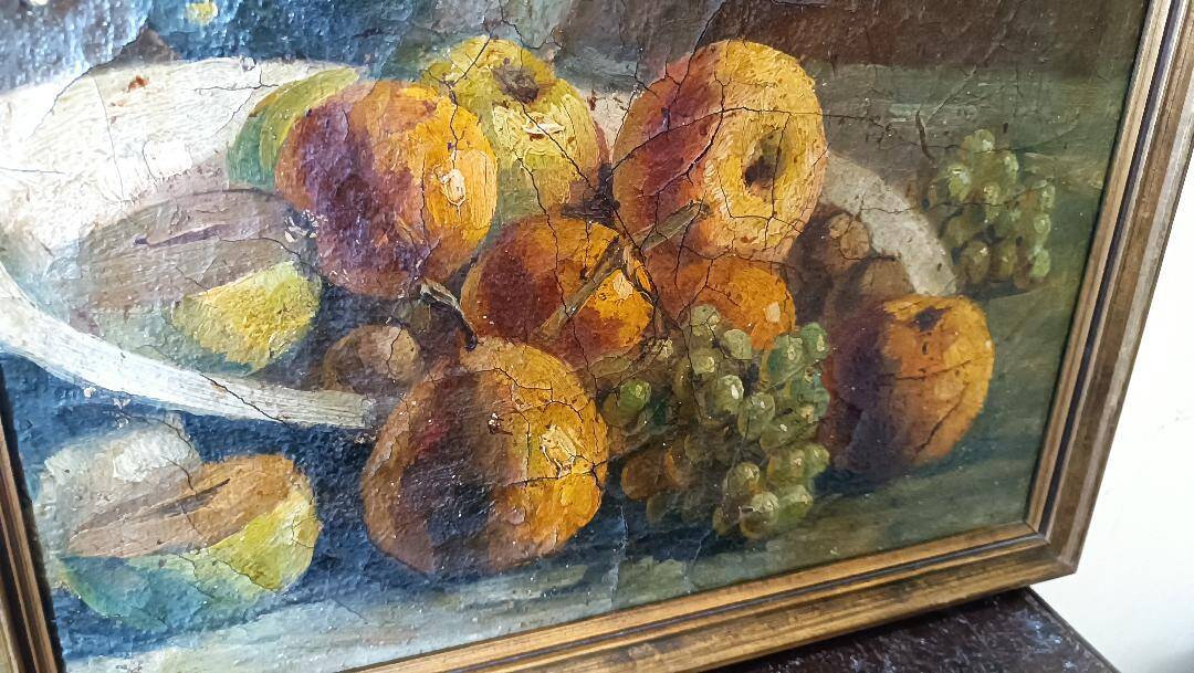 19th century oil painting on canvas fruit vase with flowers