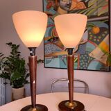 Pair of wooden and white opaline foot lamps