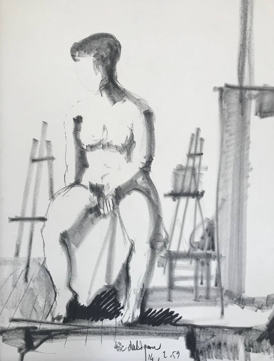 Charcoal drawing by Loïc DUBIGEON 1934-2001. Nude in the studio
