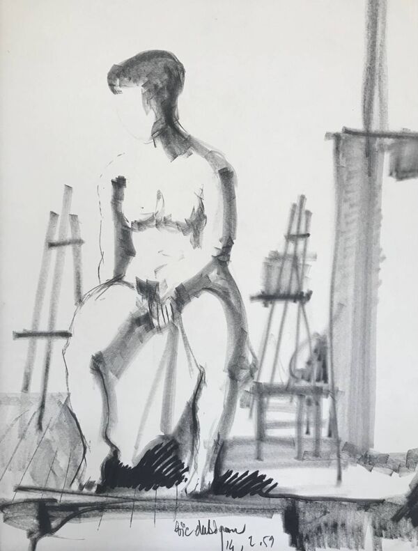Fusain de Loïc DUBIGEON 1934-2001 Nu à l’atelier