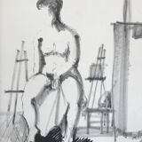 Charcoal drawing by Loïc DUBIGEON 1934-2001. Nude in the studio