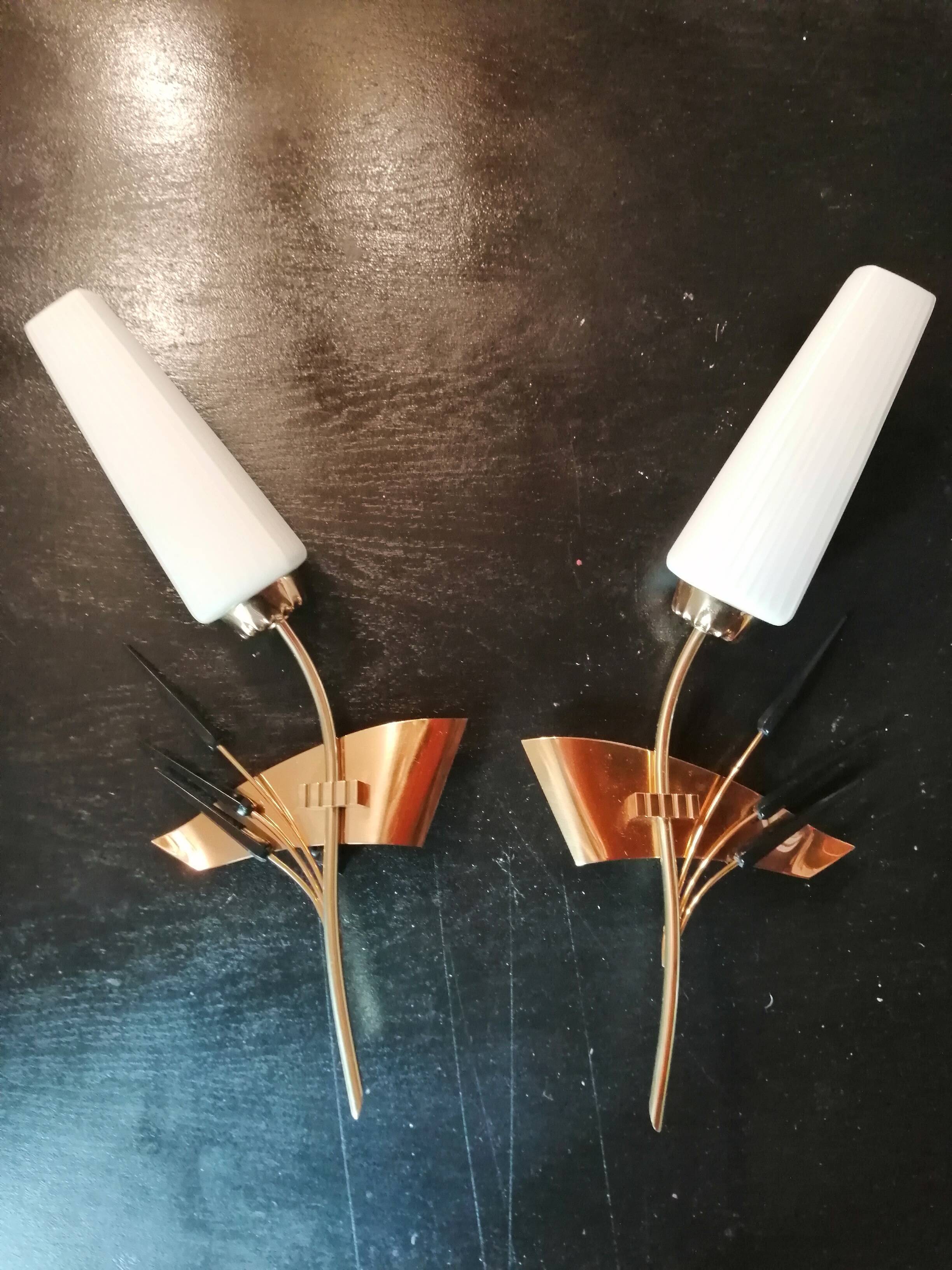 Pair of vintage brass and white glass sconces 1950-60