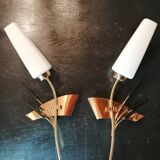 Pair of vintage brass and white glass sconces 1950-60