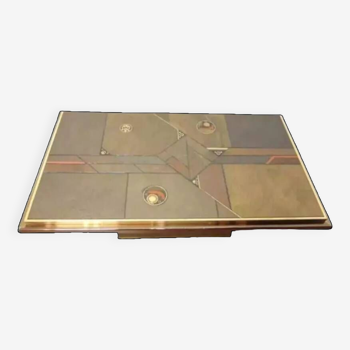 70s brutalist coffee table in brass, bronze and stone