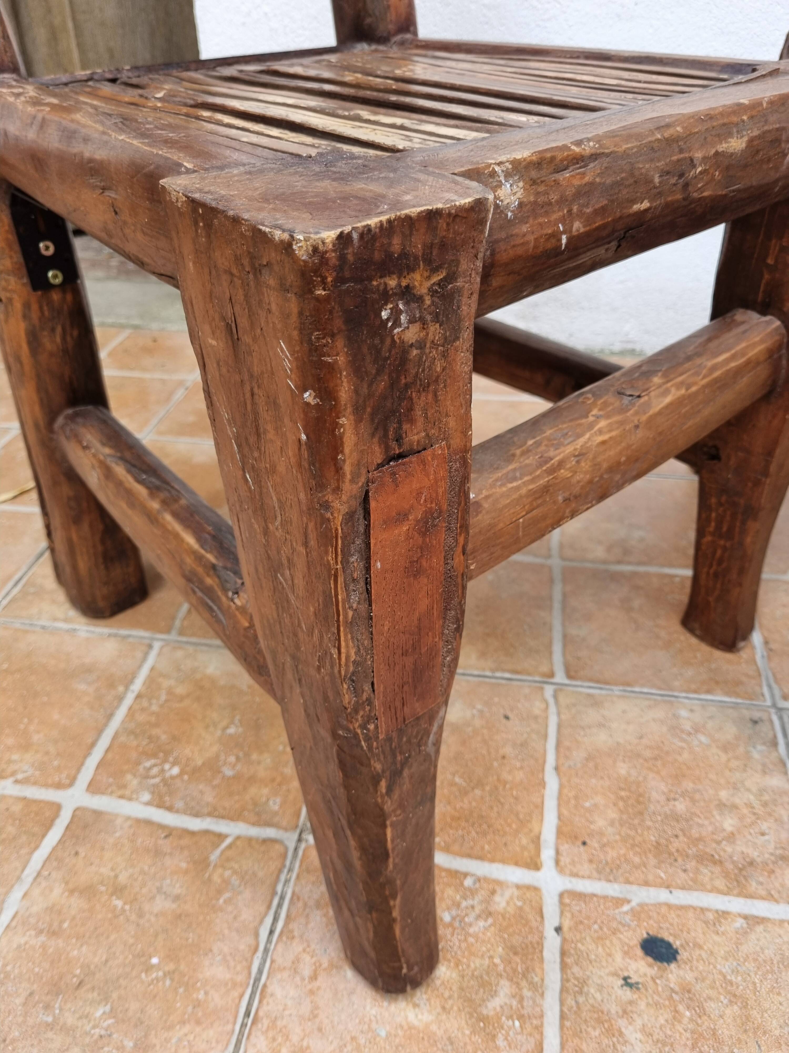 Pair of solid wood and bamboo chairs, brutalist style, 90 cm