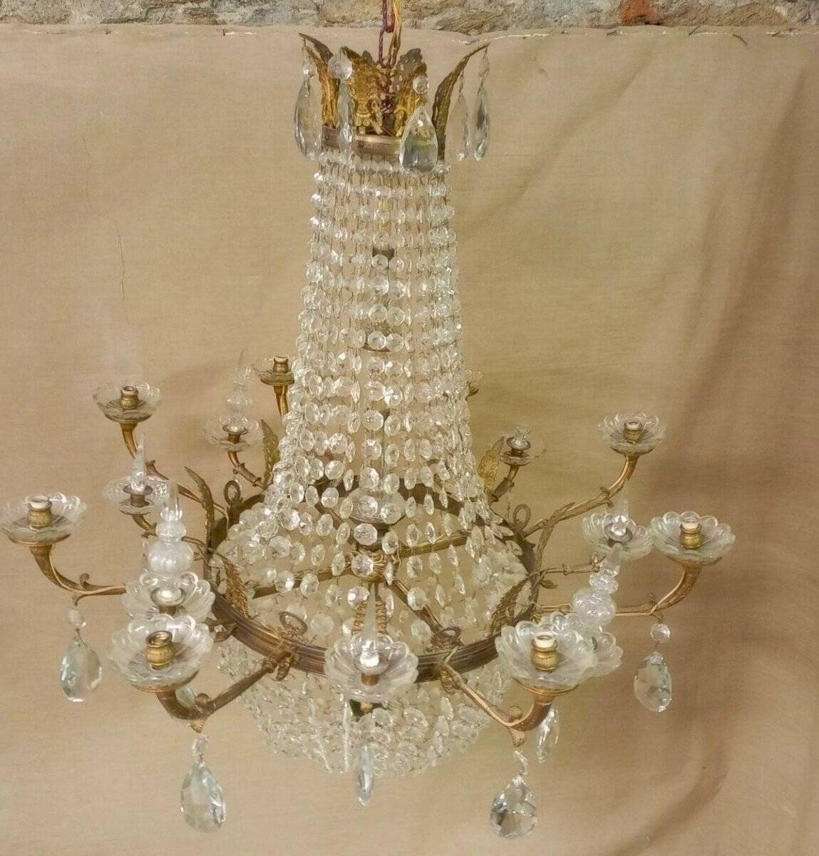 Large curved chandelier floor lamp in bronze and crystal, 19th century