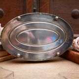 Art Nouveau serving dish plated in copper with removable glass inserts.