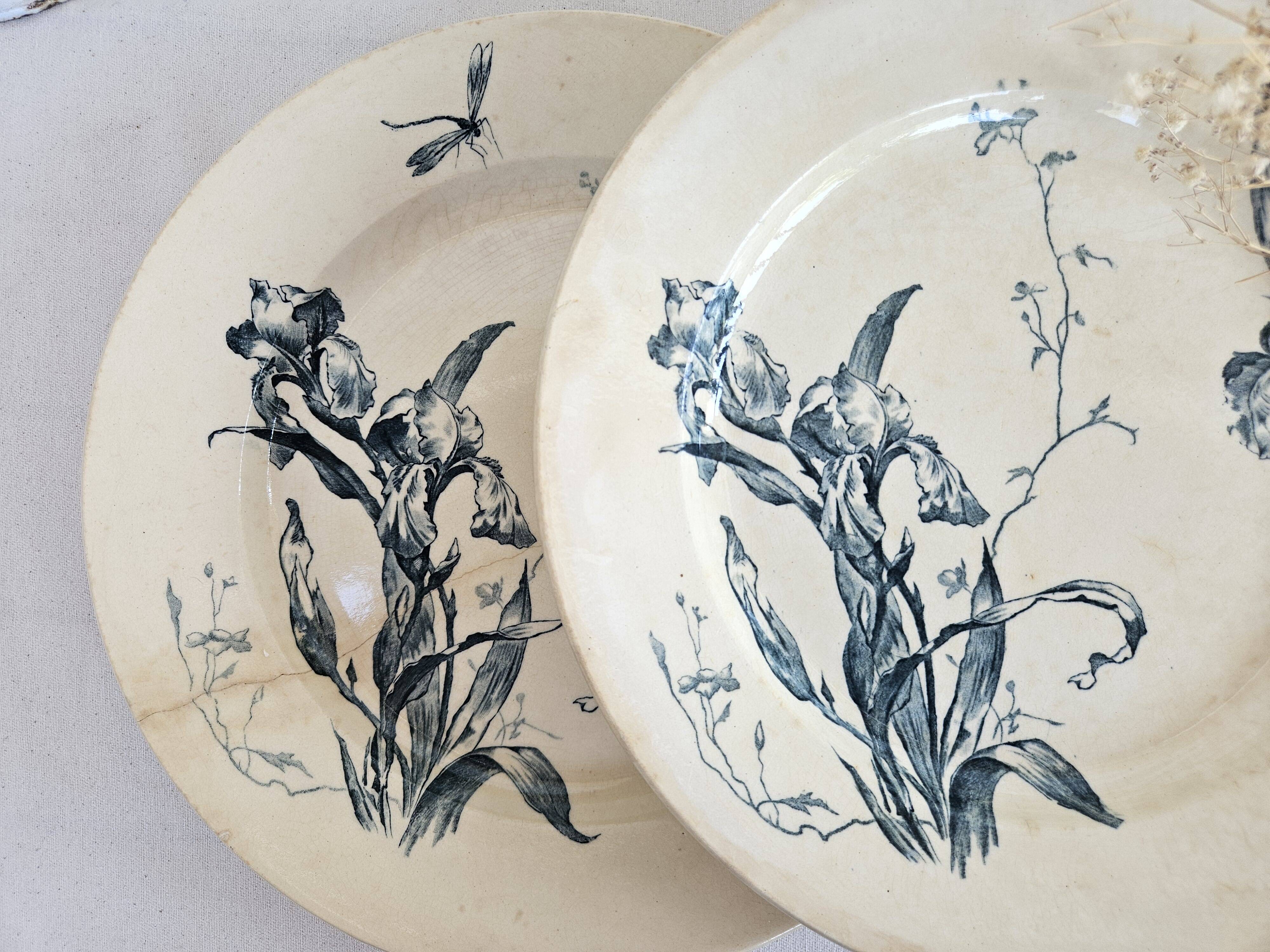 Pair of earthenware dishes from Gien, Iris model, 28 cm