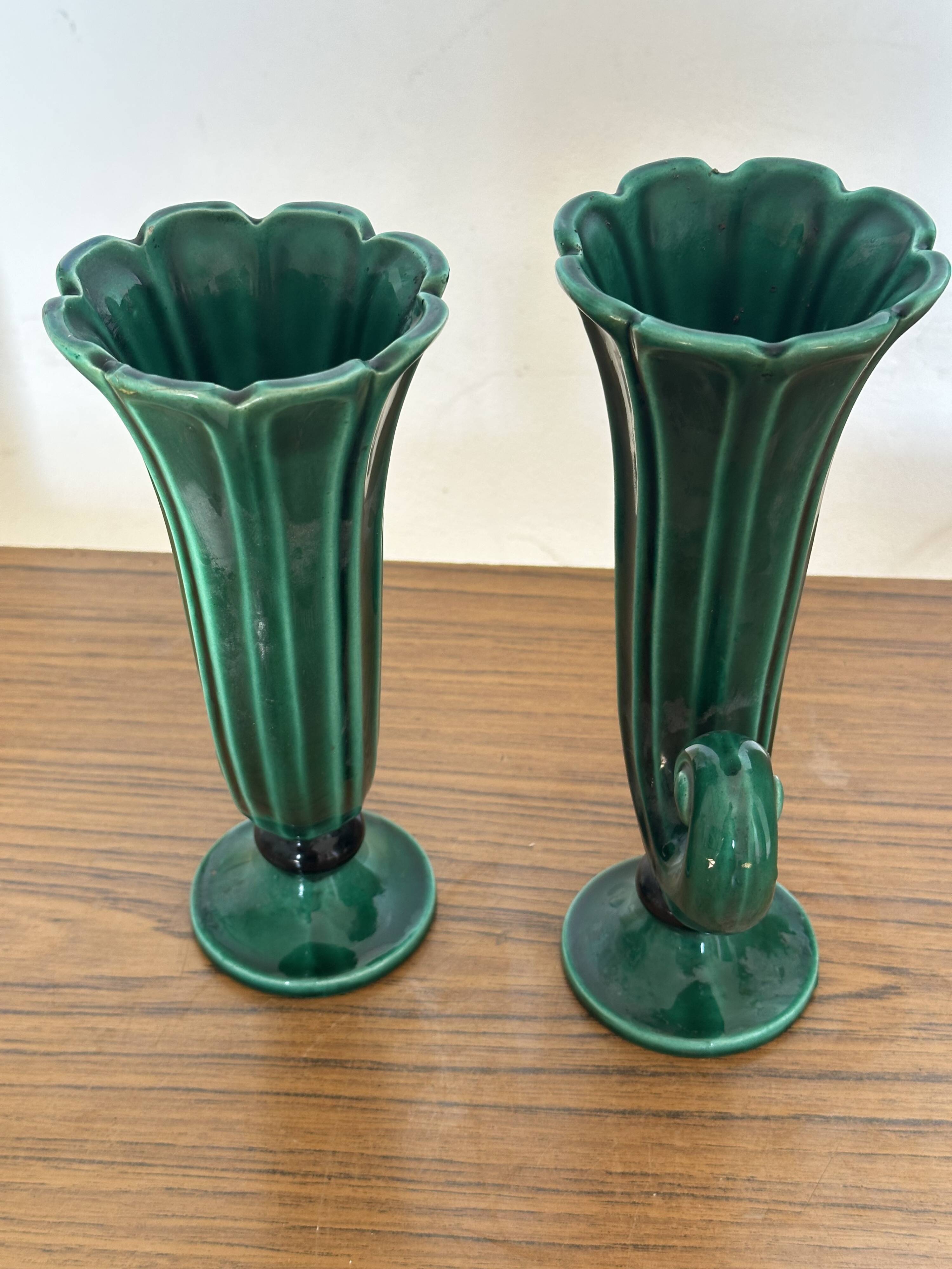 Pair of Art Deco vases circa 1920 - green glazed ceramic