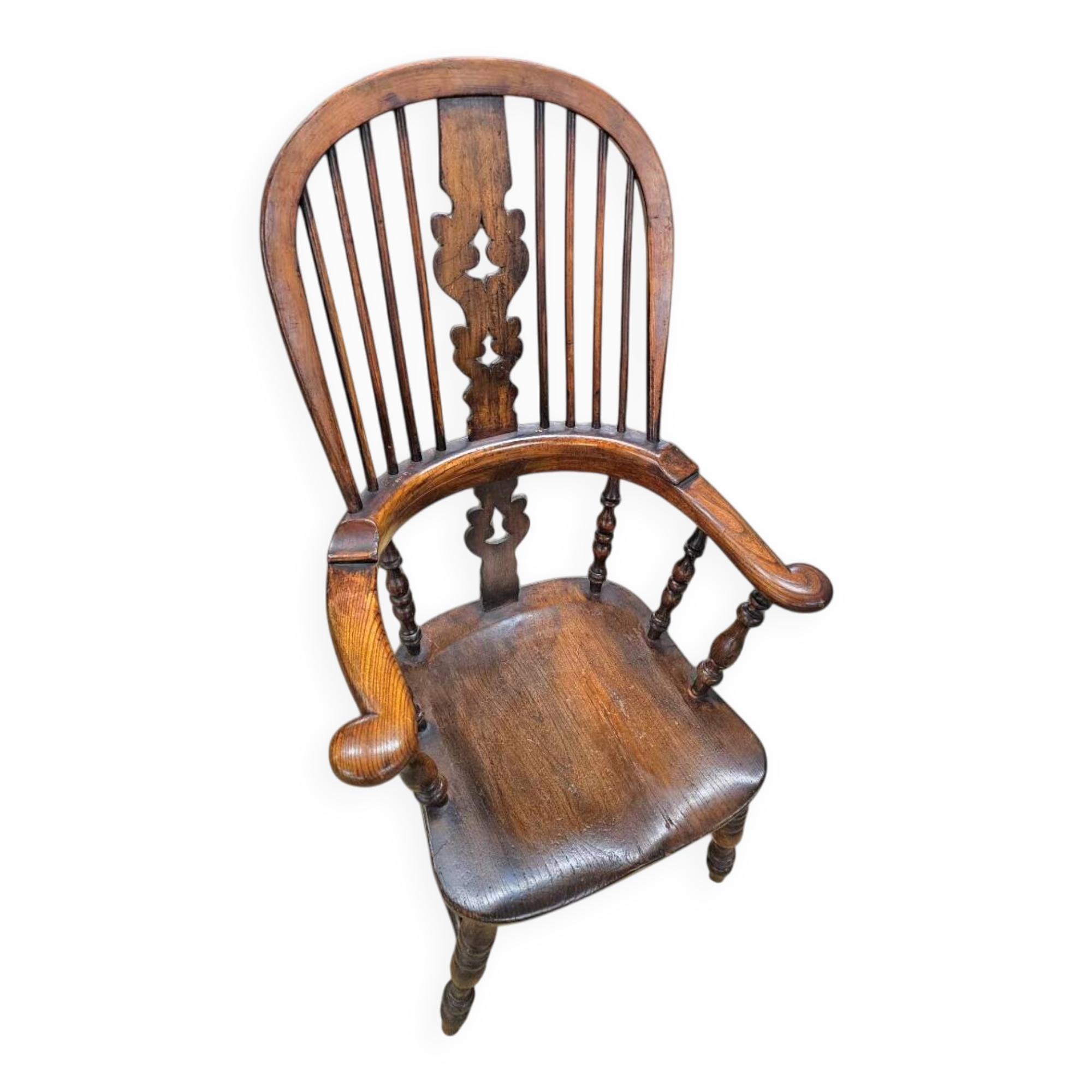 Wide arm arch back antique Windsor chair / Ash Elm rustic farmhouse Yorkshire Windsor chair / 19th century