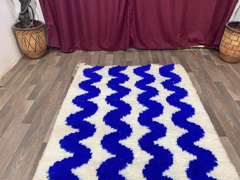 Handmade natural wool rug in blue