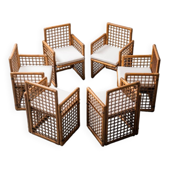 Set 6 sedie en legno tessuto bianco anni '60 modernariato vintage