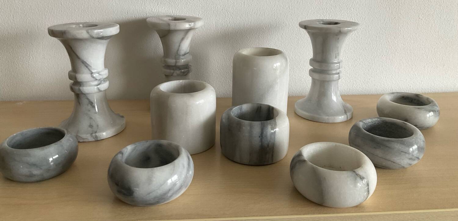 Set of 11 Carrara marble candlesticks from the 70s