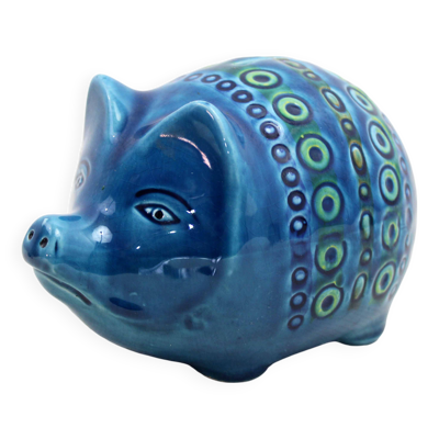 Céramique zoomorphe, Cochon Tirelire en céramique bleue de Rimini, Italie 1970