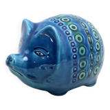 Céramique zoomorphe, Cochon Tirelire en céramique bleue de Rimini, Italie 1970