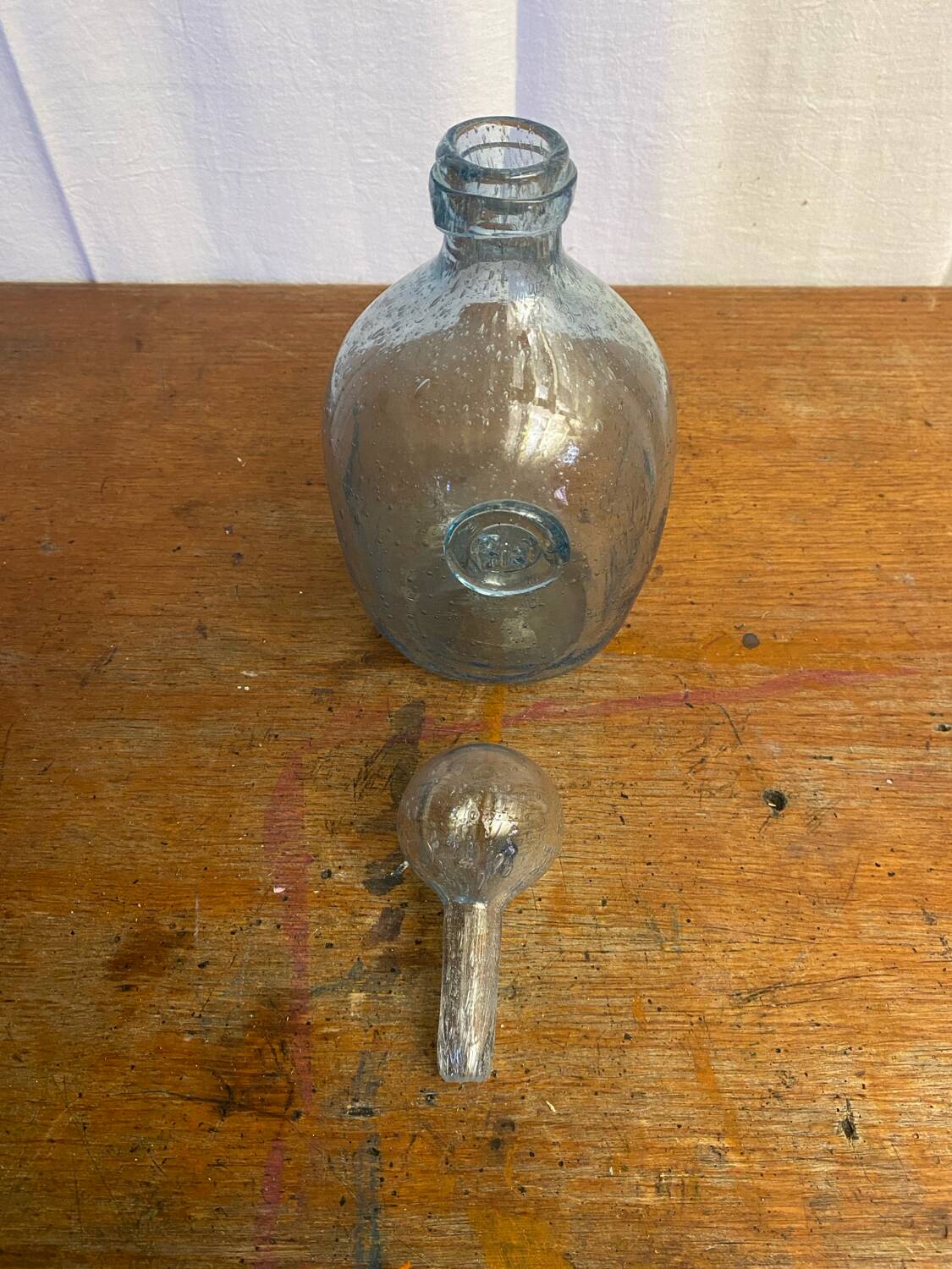 Antique Biot bottle blue bubble blown glass + vintage stopper