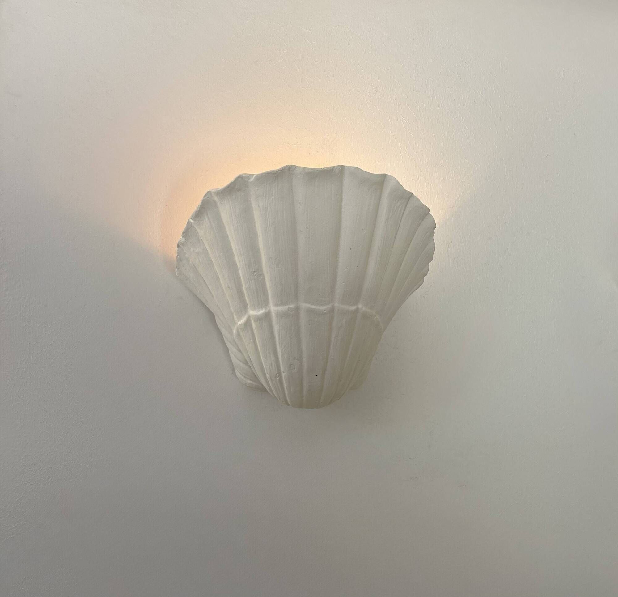 Pair of vintage shell wall lights, matte white plaster, France 1970