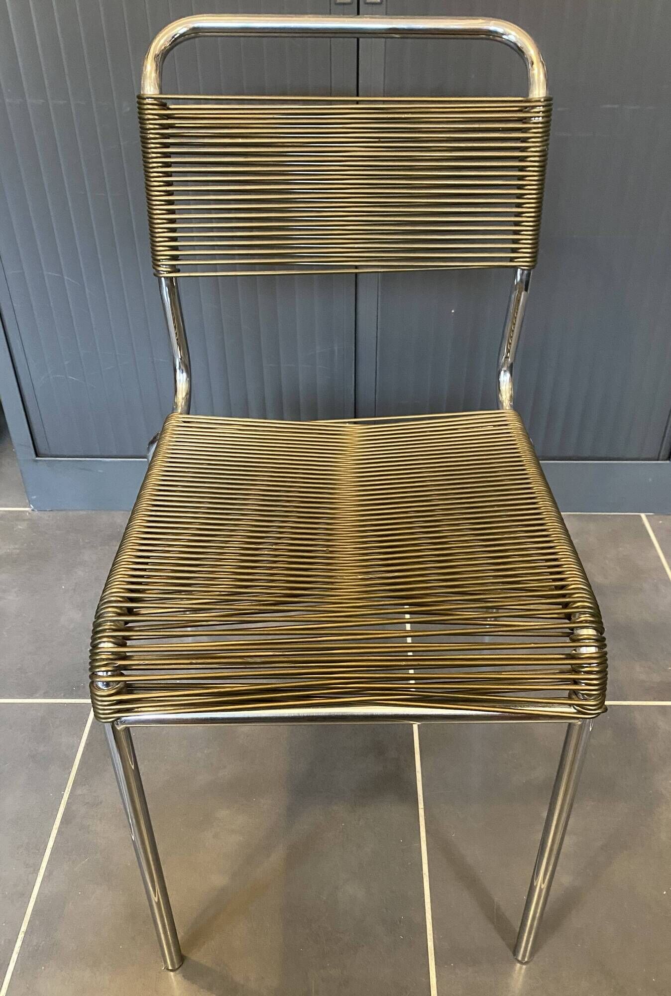 Scoubidou chair or vintage 1960s khaki green chrome spaghetti chair