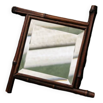 Asymmetrical beveled mirror, bamboo frame