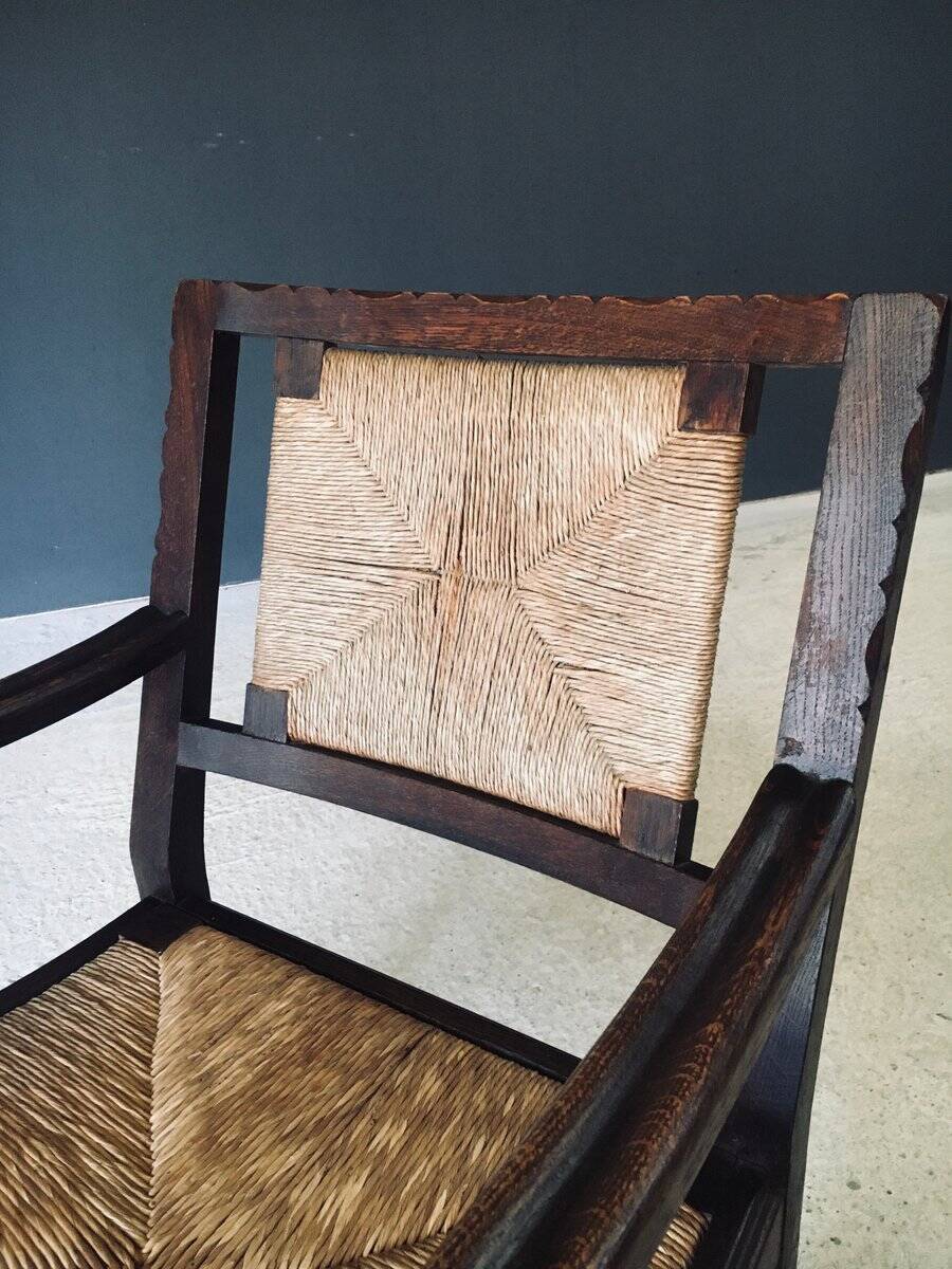 Low Arts & Crafts Oak & Rush Armchair, Belgium 1920s