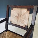 Low Arts & Crafts Oak & Rush Armchair, Belgium 1920s
