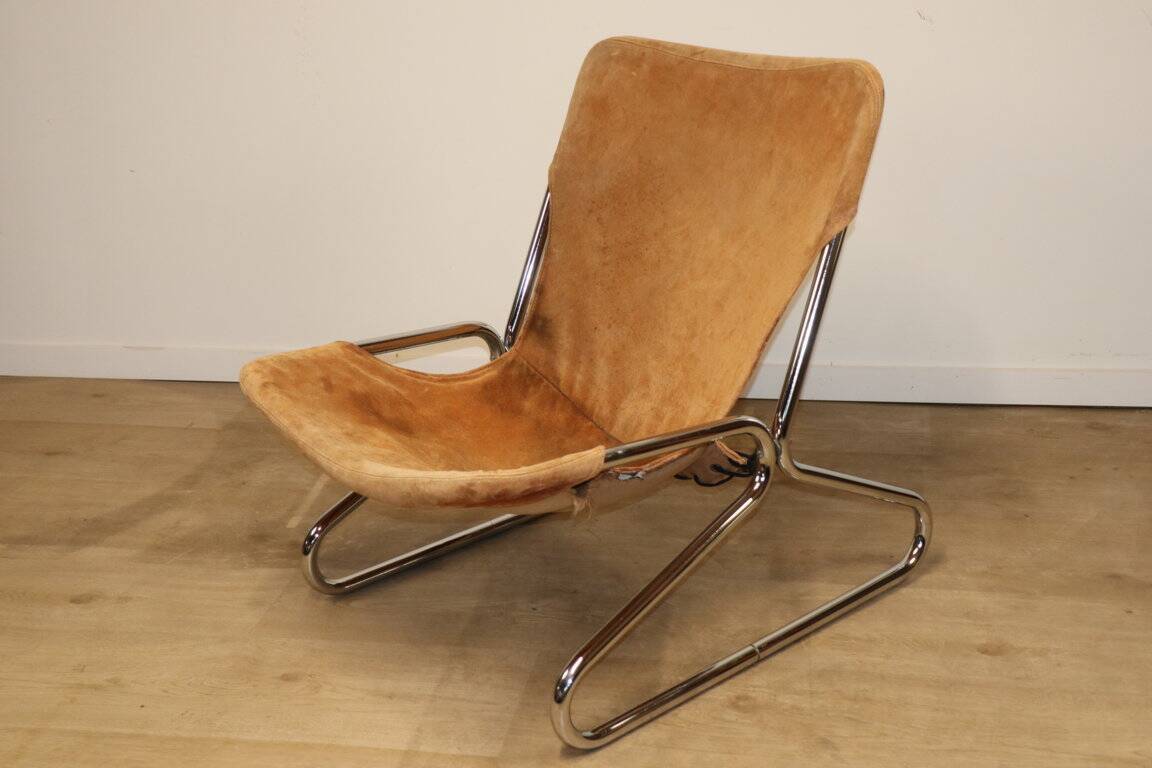Vintage Suede and Chrome Metal Armchair, 1970s