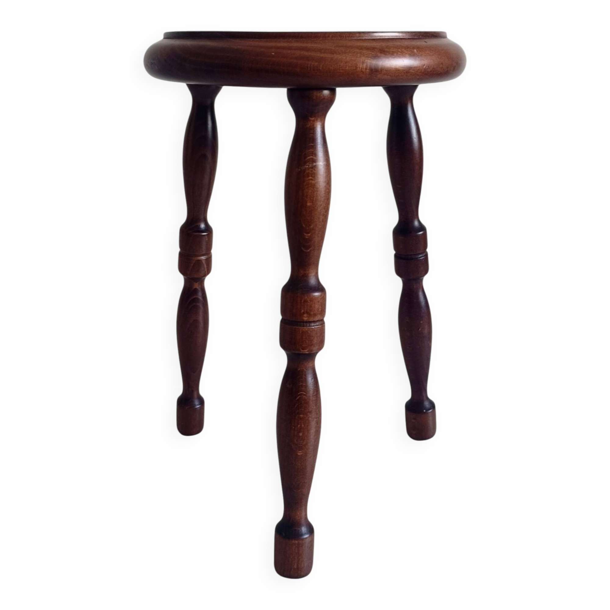 French Turned Chestnut Wood Stool or Side Table, Mid-20th Century