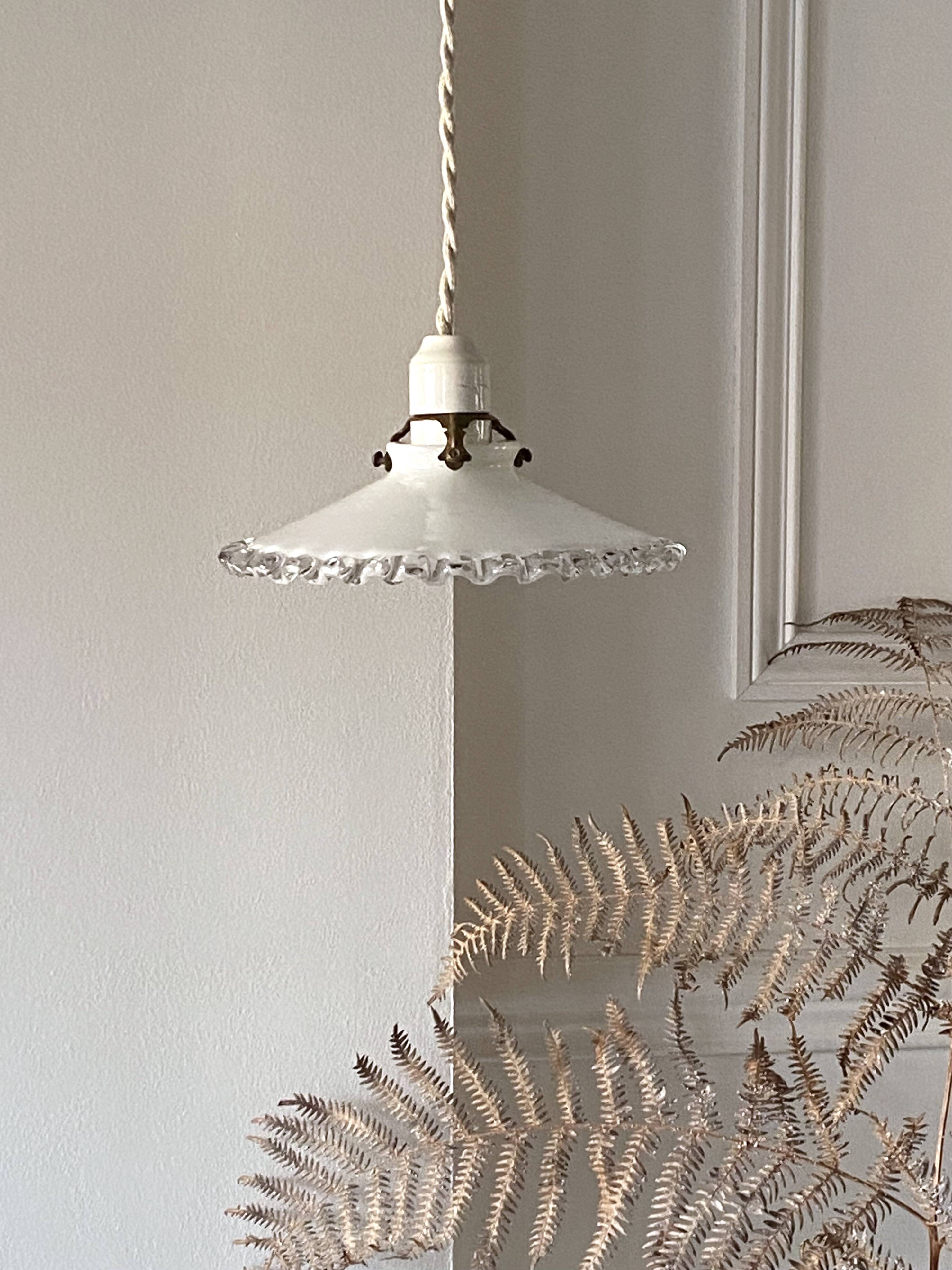 Opaline pendant light with porcelain socket