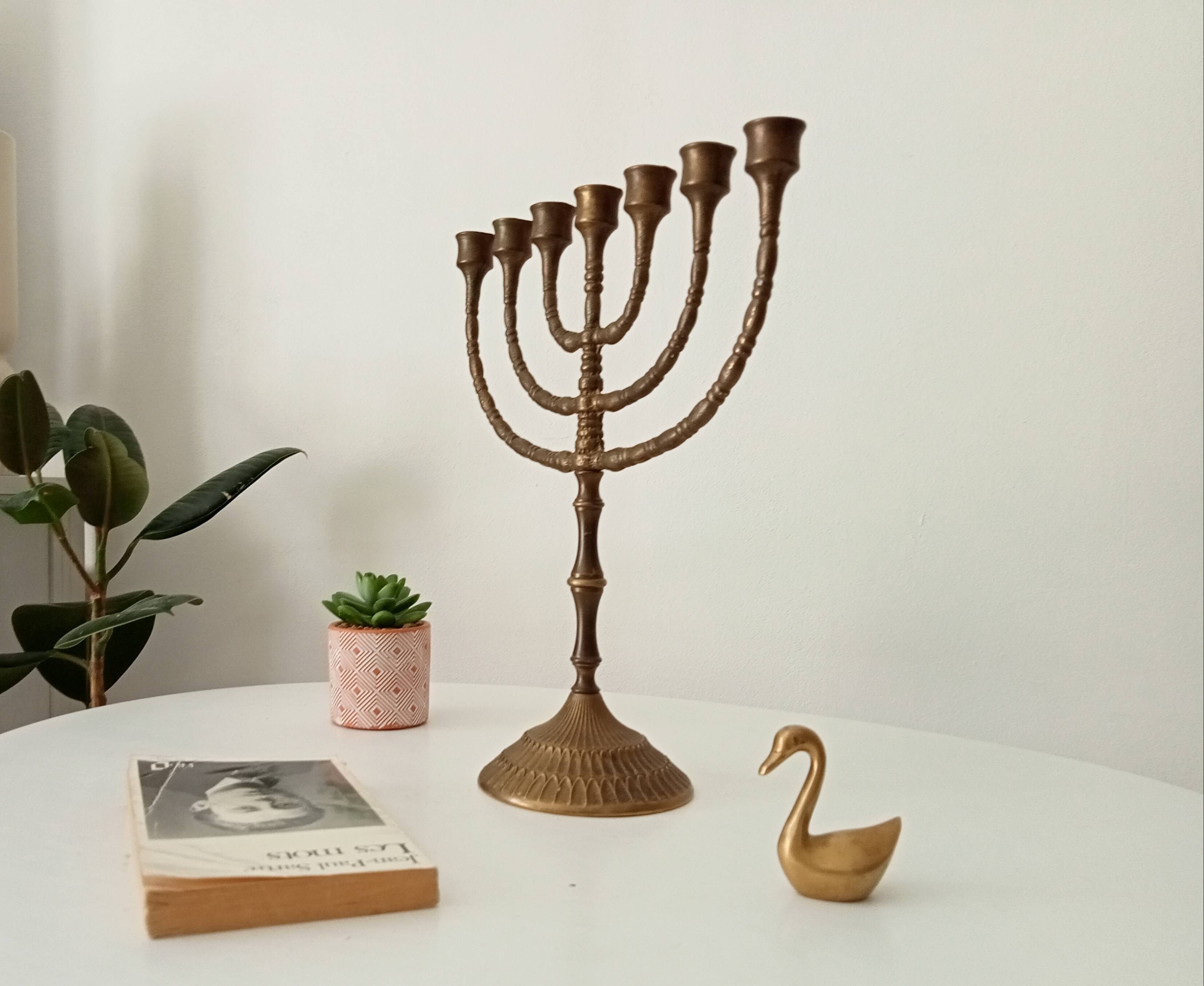 Vintage Hebrew Menorah Candlestick in Solid Brass from the 50s
