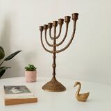 Vintage Hebrew Menorah Candlestick in Solid Brass from the 50s