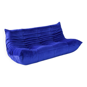 Togo three-seat sofa in blue velvet by Michel Ducaroy for Ligne Roset