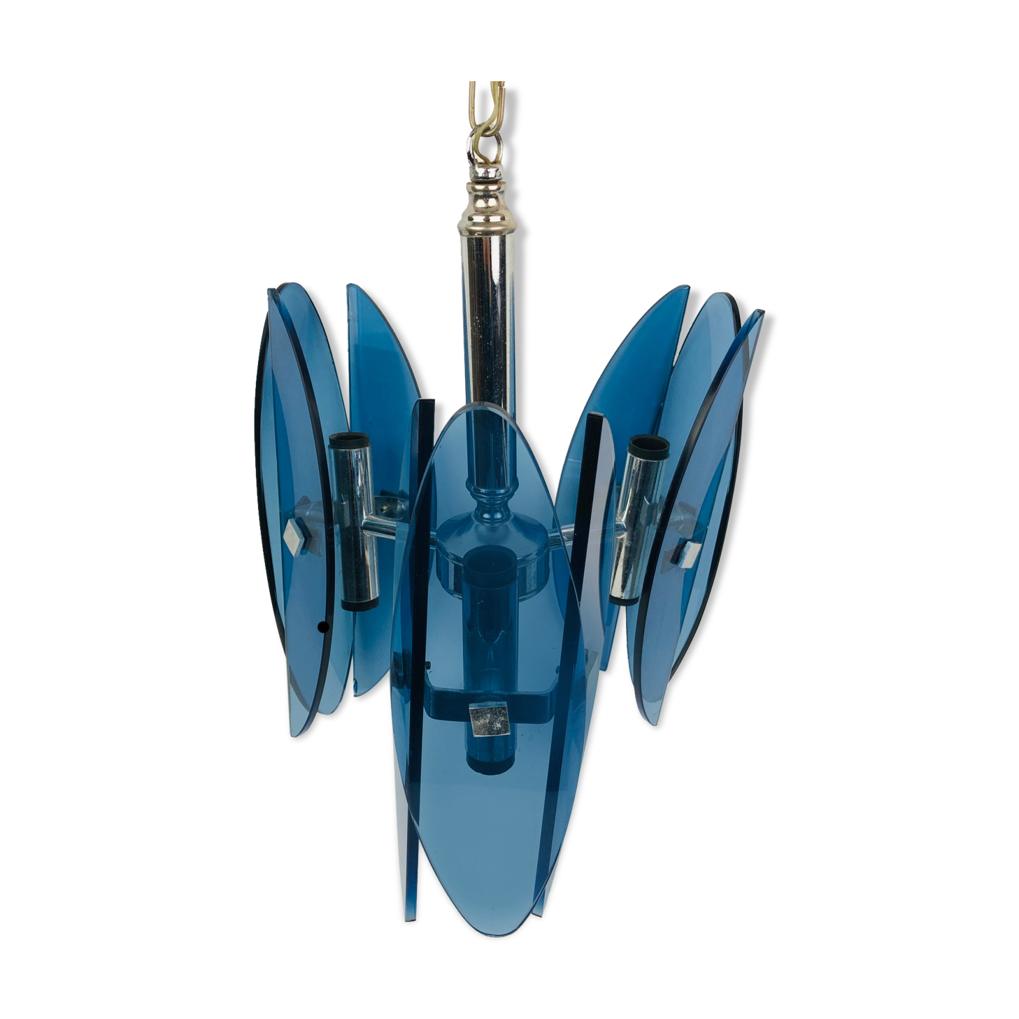 Vintage Veca Fontana Arte chandelier, blue glass and chrome
