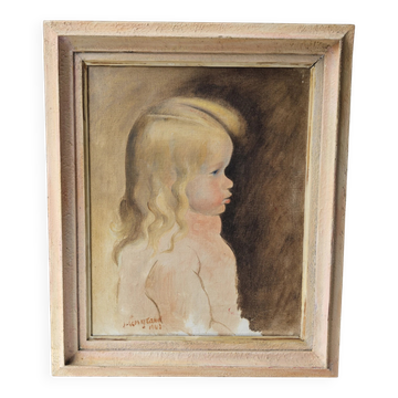 Tableau Huile sur Toile Portrait d'enfant - Jeune fille Signé Longrand 1963