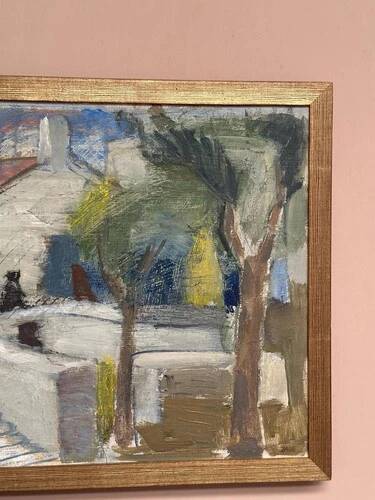 Mid-Century Oil on Canvas 'House with Two Trees' by Zage, Vintage & Framed
