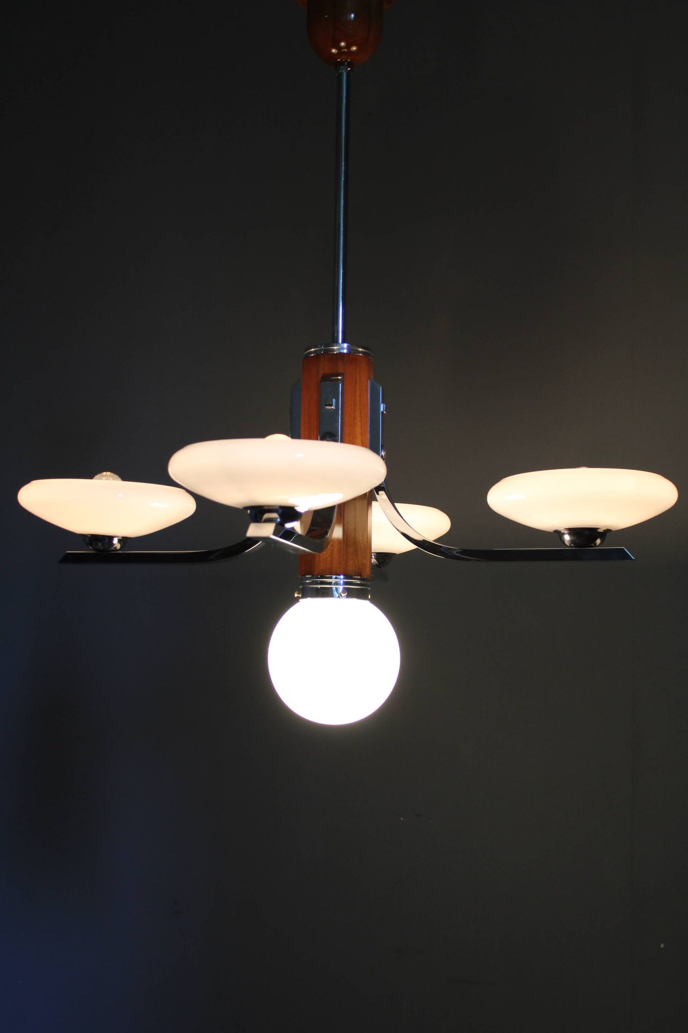 Art Deco chrome and walnut chandelier with milky glass shades, Czechoslovakia, 1
