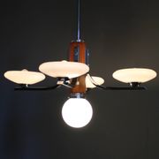 Art Deco chrome and walnut chandelier with milky glass shades, Czechoslovakia, 1