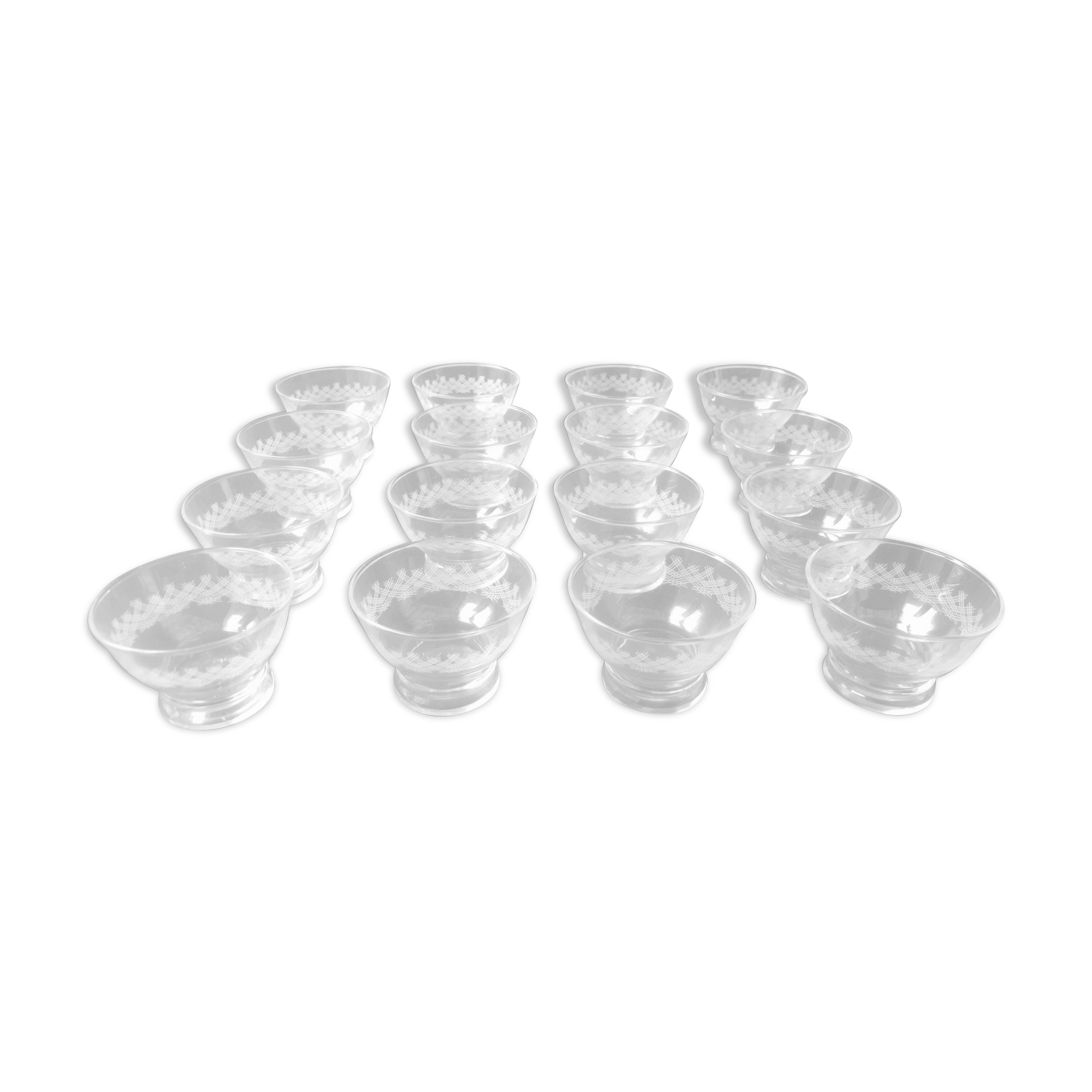 Lot of 16 glass cups vintage 60 glass pressed engraved