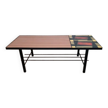Vintage coffee table in ceramic, wood, and metal.