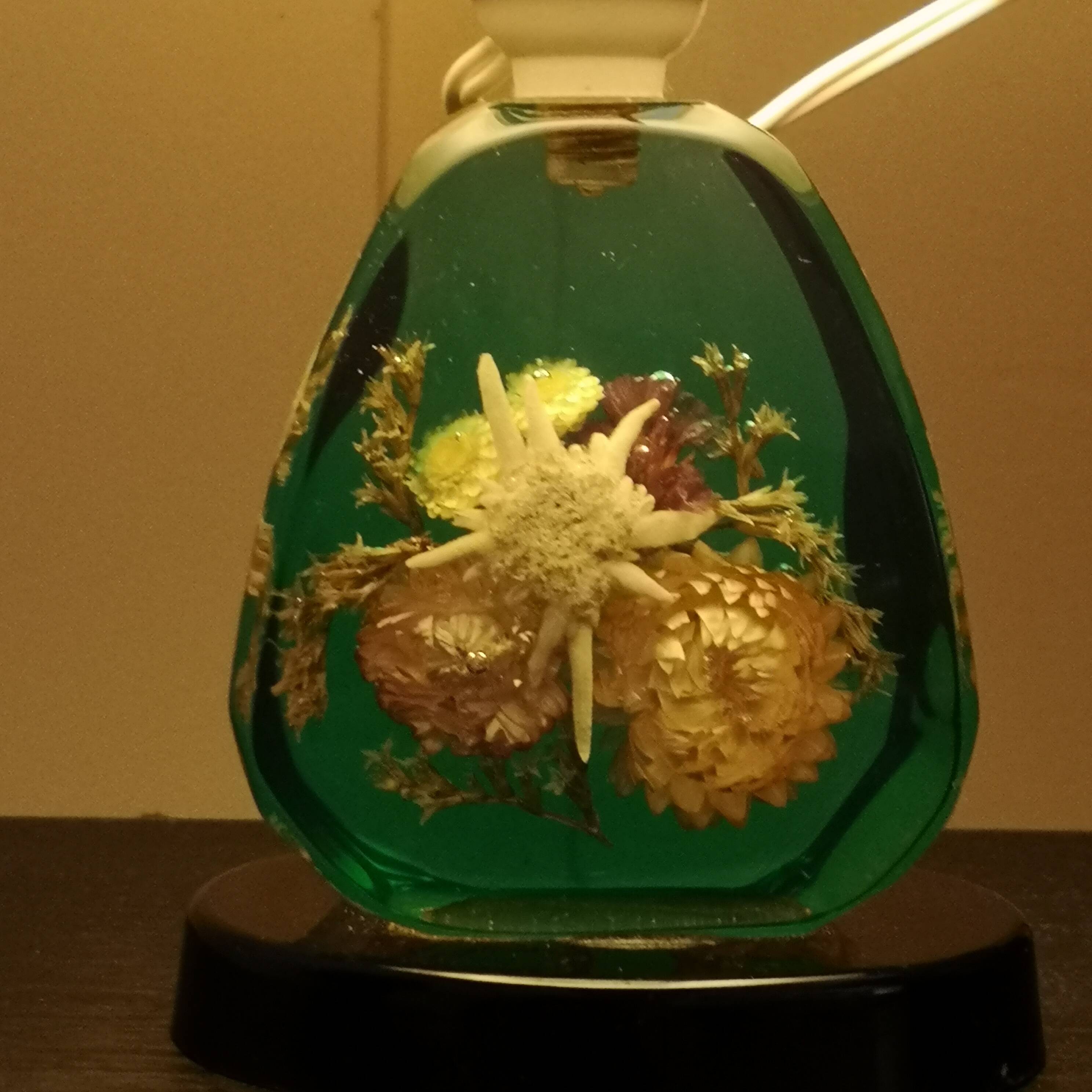 vintage 1960 lamp in lucite - inclusion of dried flowers & edelweiss - retro