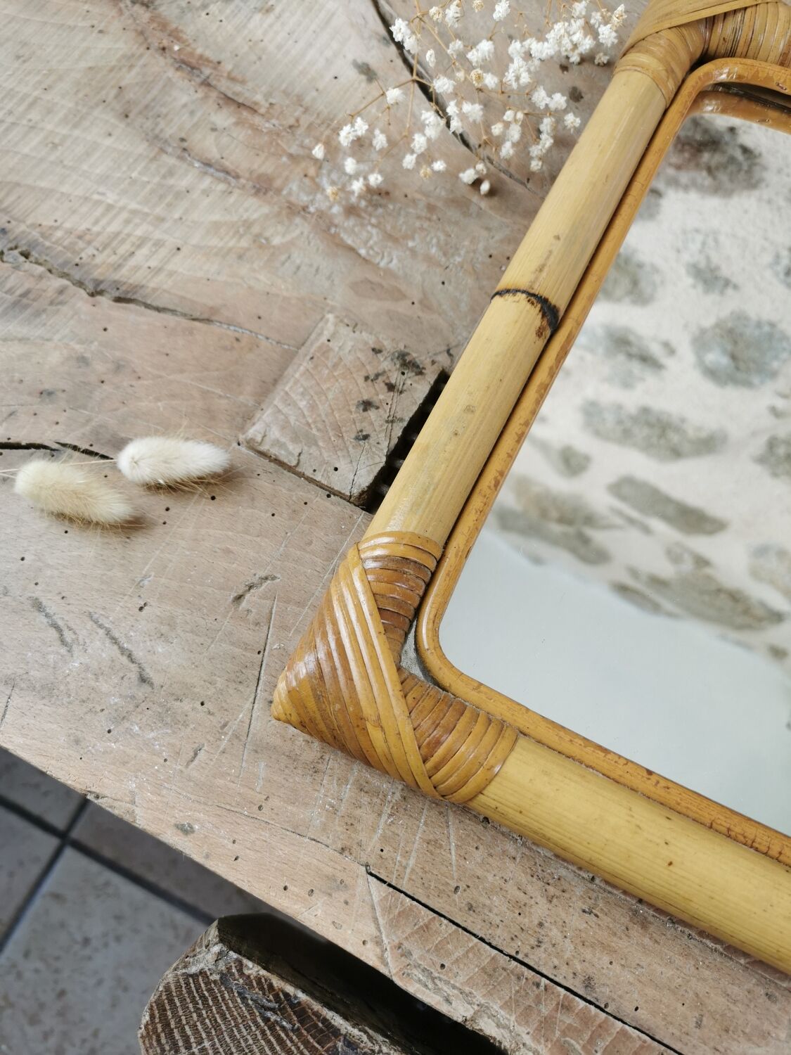 Miroir en bambou et rotin