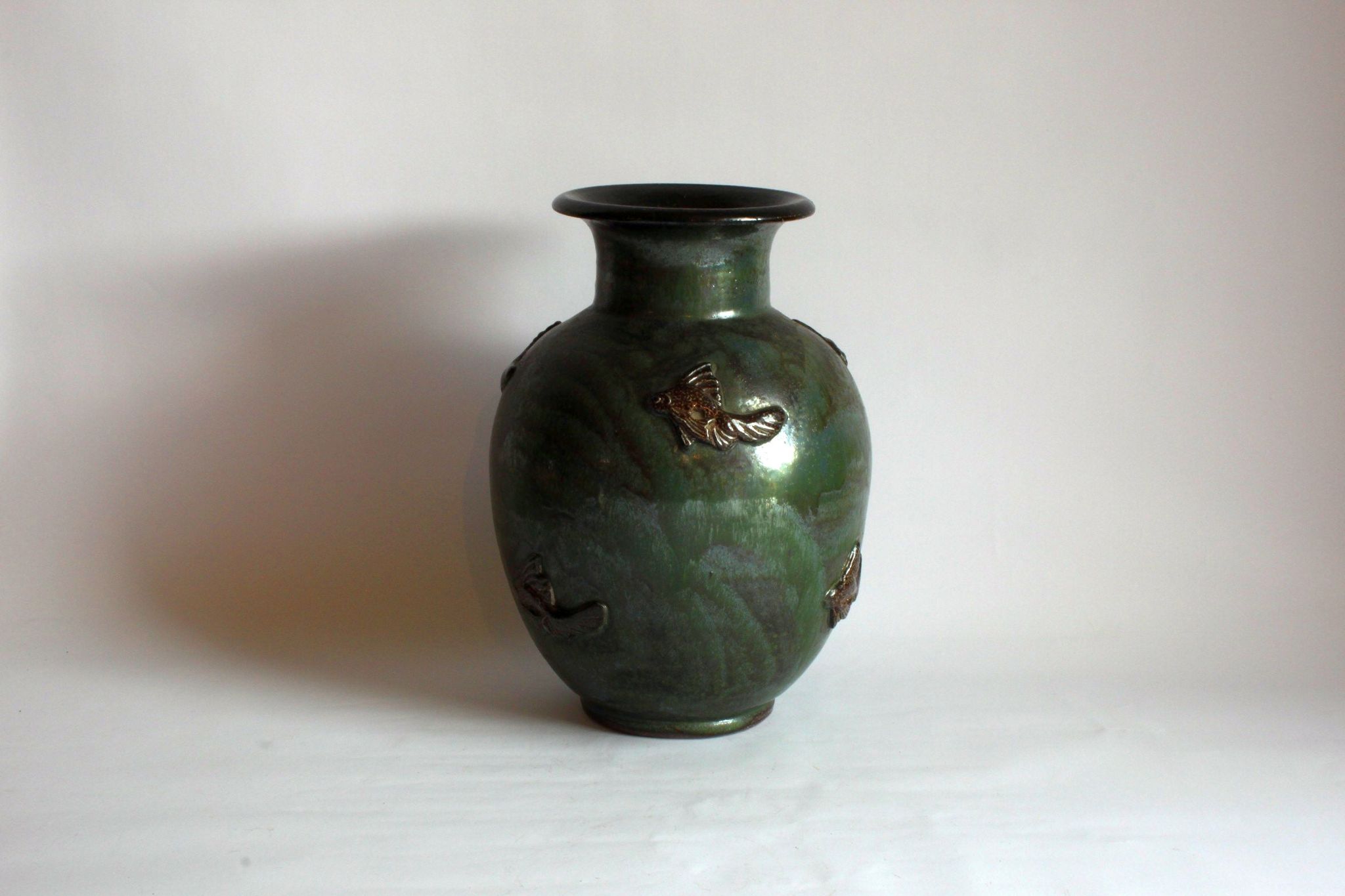 Art Deco Stoneware Vase with Fish Reliëf by Roger Guerin, Belgium, 1920s