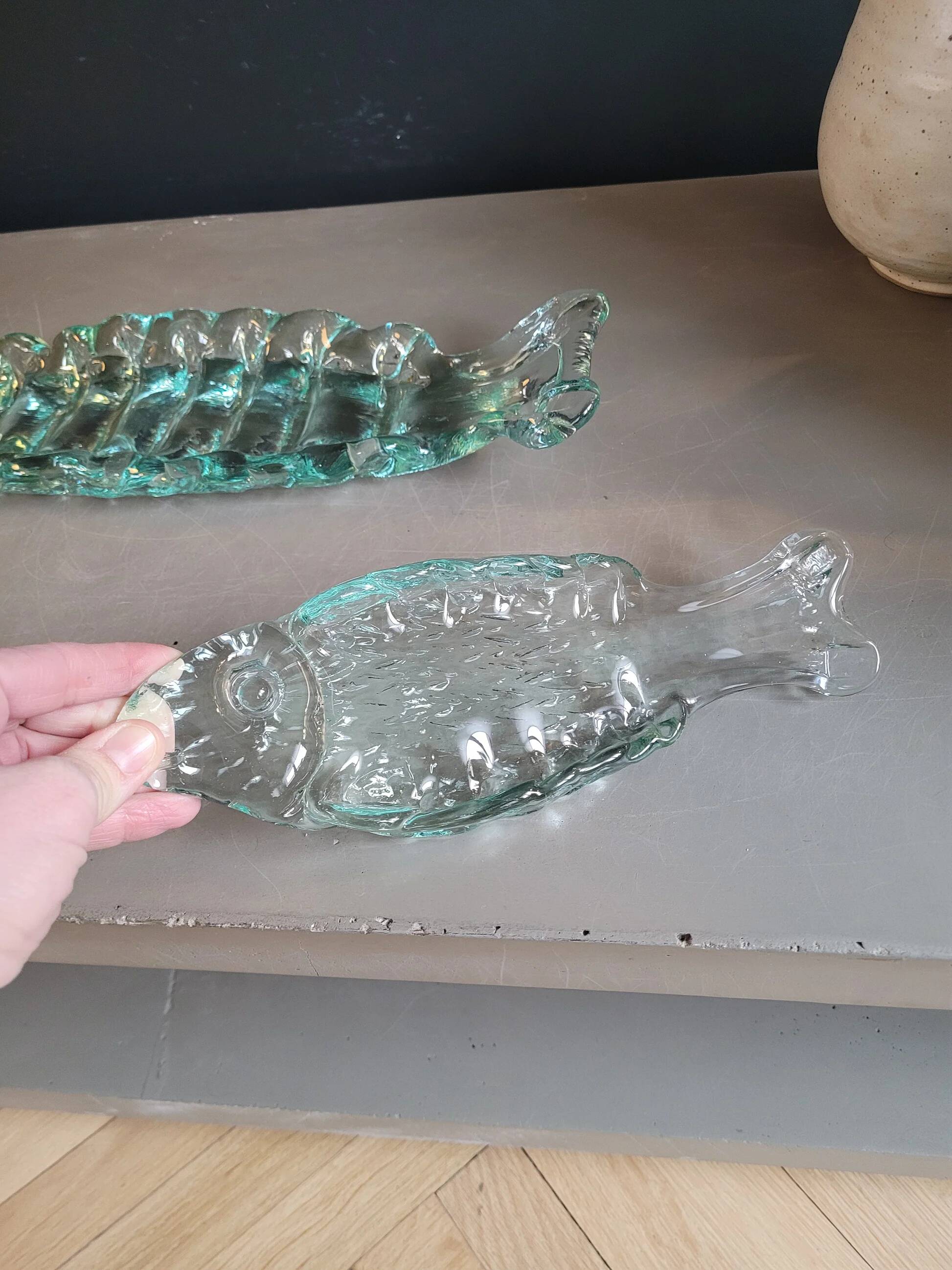 Pair of pressed glass sushi dishes
