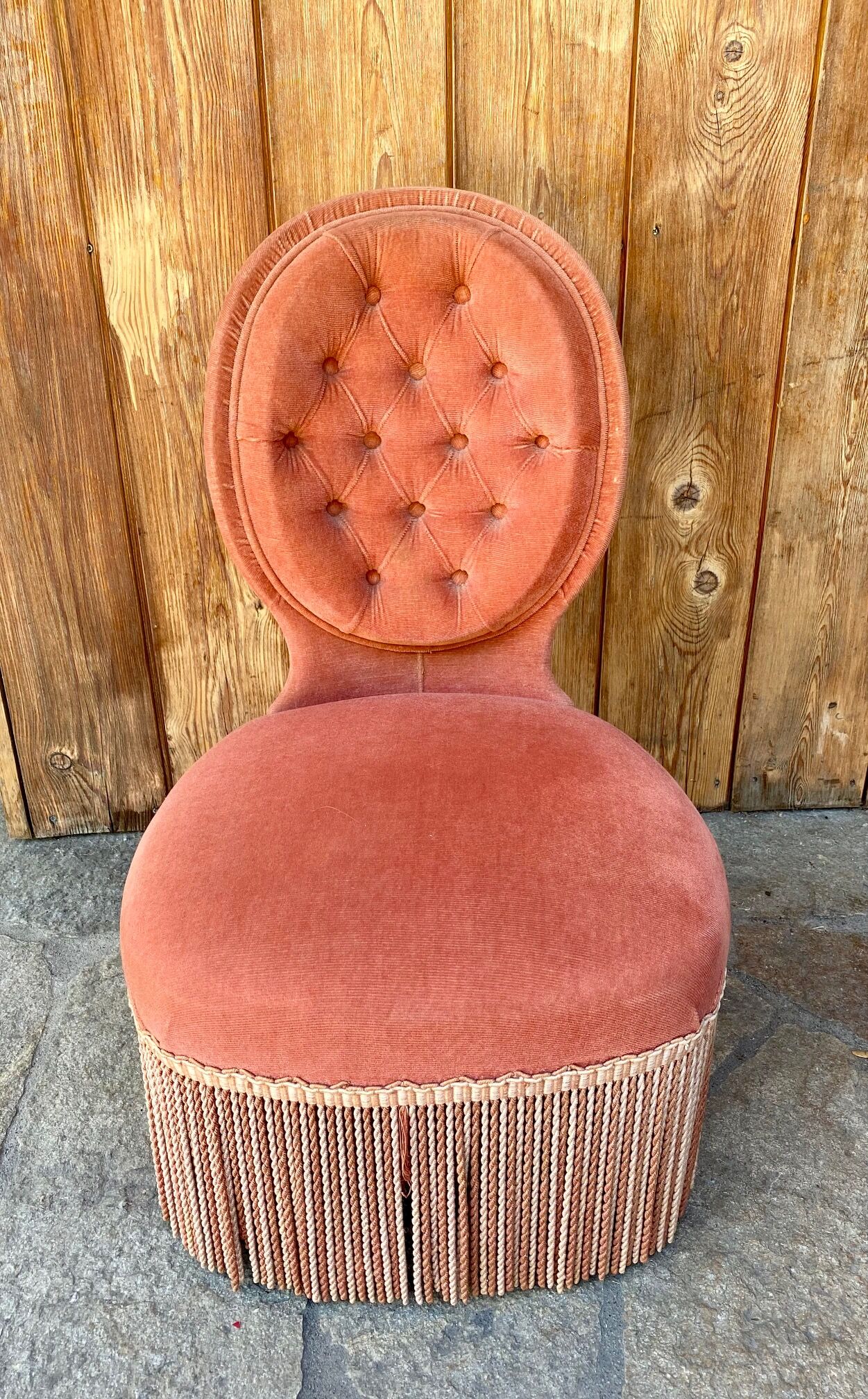 Velvet armchair salmon color upholstered - Napoleon III style