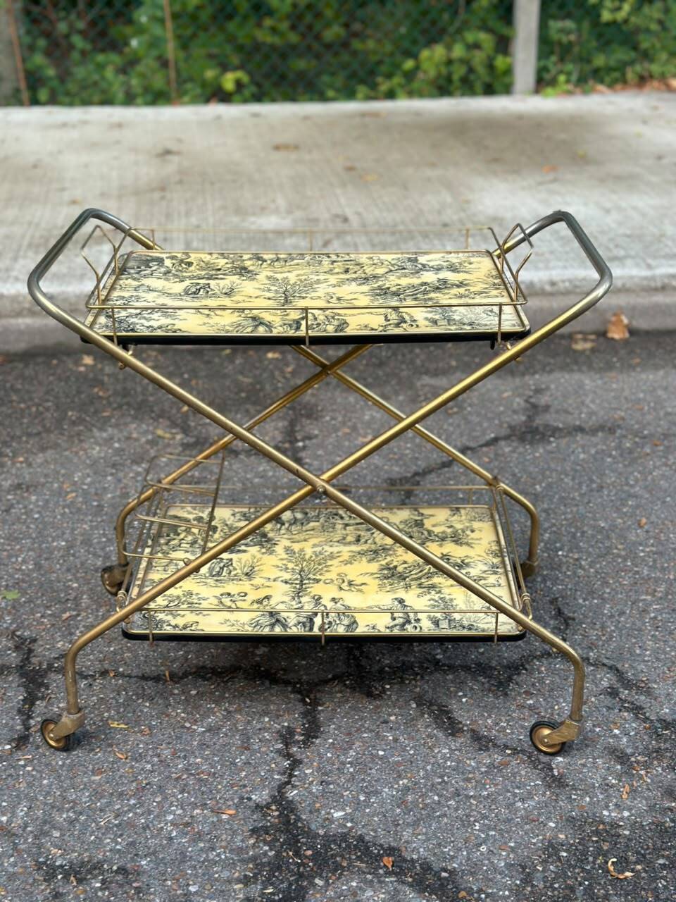 Vintage gold folding wheeled dessert trolley Toile de Jouy 1970s bar furniture