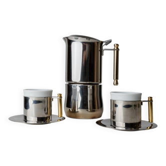 Silver Metal and White Porcelain IMCO Vintage Coffee Set with Gold Details - Italy 1980s