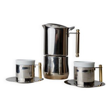 Ensemble de café vintage IMCO en métal argenté et porcelaine blanche avec détails dorés - Italie années 1980